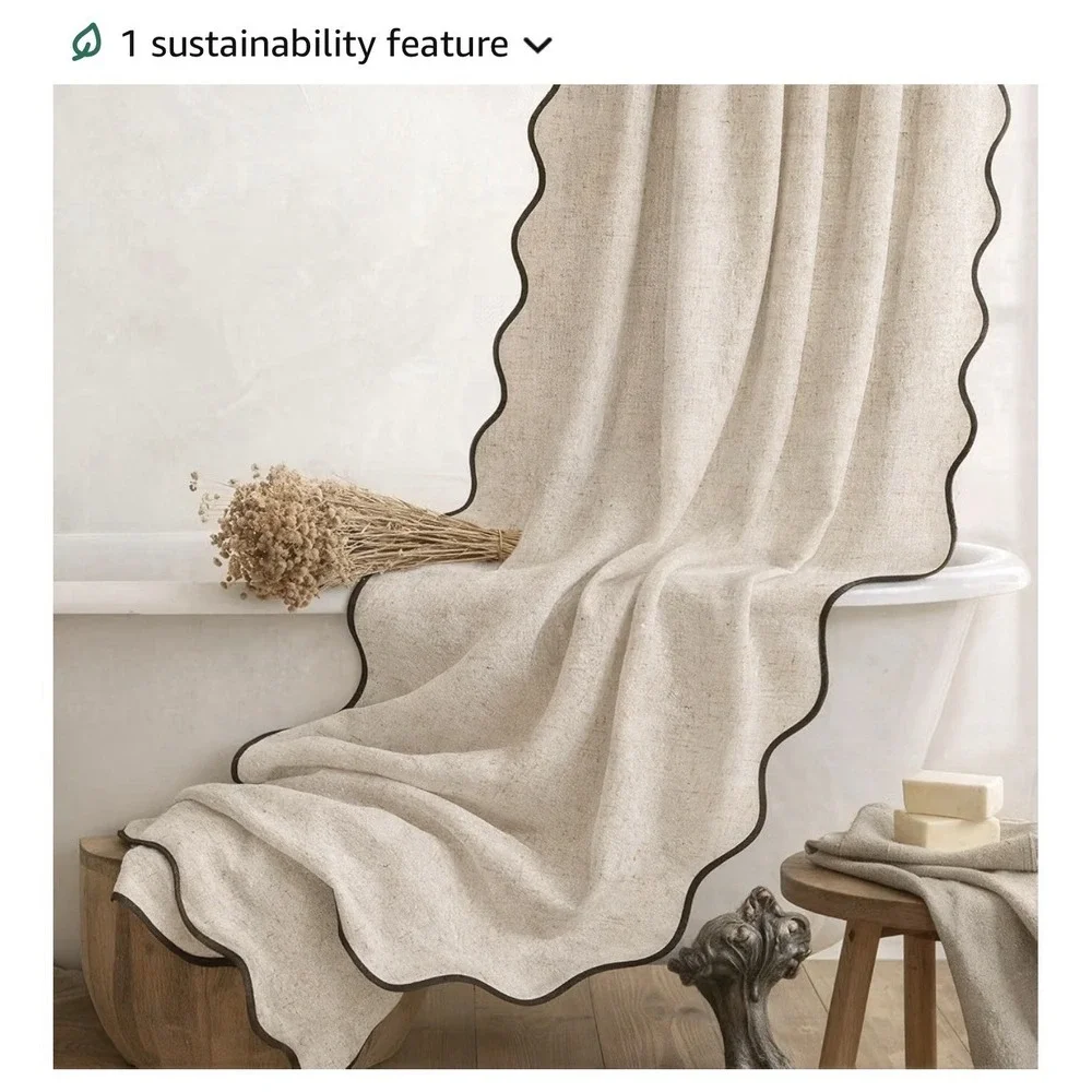 Extra Long Boho Shower Curtain - 90 Inch Long Scalloped Linen Textured Thick NIB